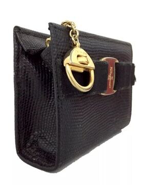 Salvatore Ferragamo Black Lizard-Embossed Vara Bow Keyring Wallet